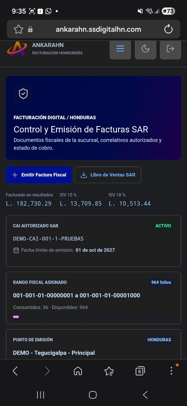Facturas SAR en modo oscuro desde celular