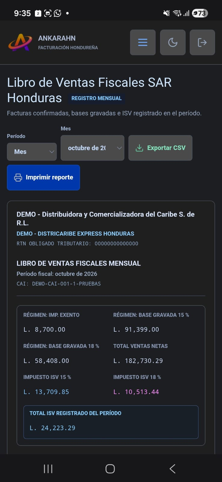 Libro de ventas SAR en modo oscuro desde celular